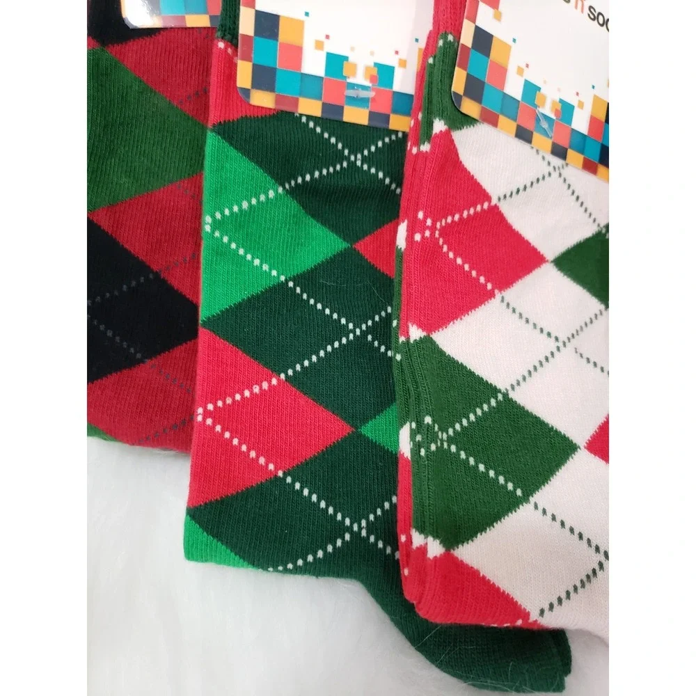 LOT 5 Socks n Socks Men's Crew Argyle Diamond Socks Holiday Christmas Red Green